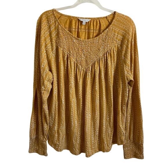 Lucky Brand Mustard Yellow Printed Smocked Detail Long Sleeve Tee - XL - Picture 1 of 7
